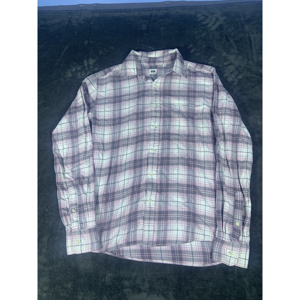 Uniqlo Shirt Mens Pink Charcoal Gray Plaid Button Down Flannel Long Sleeve Small